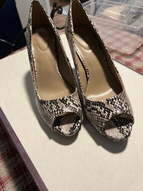 Bandolino Snake-Print Peep-Toe Pumps in Beige and Black